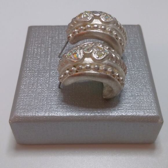 Vintage Sterling Silver Half Hoop Earrings Twisted Rope Heart Crystal Accents - Picture 12 of 15